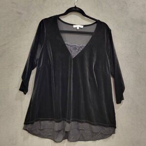 Rose+Olive Velvet Tunic Top Womens Size 1X‎ Sheer Lace Trim 3/4 Sleeve Blouse